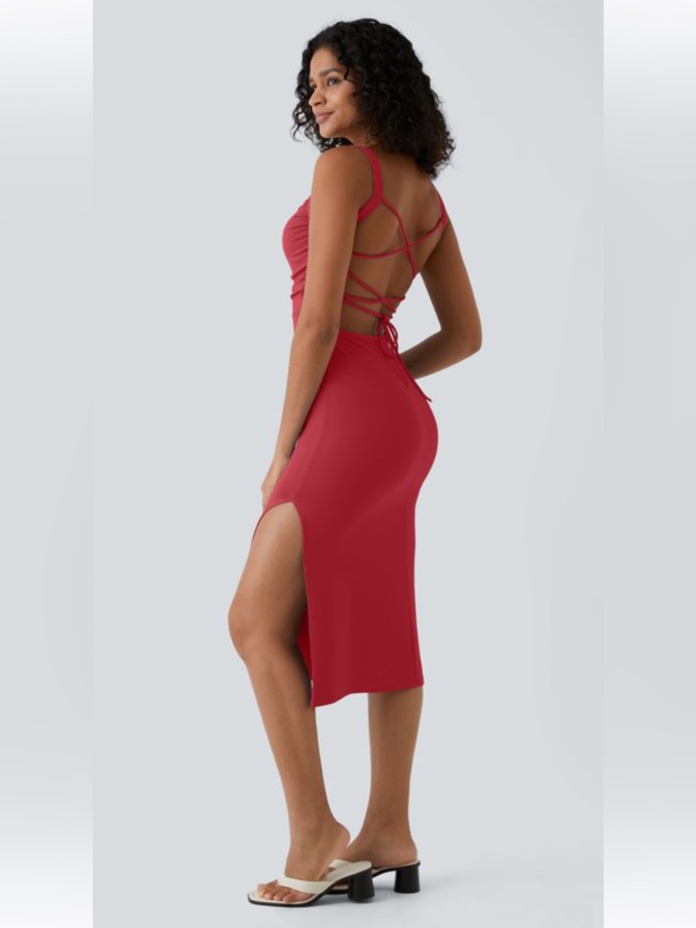 NWT Halara Stretch Red Laceup Padded Bra Corset Midi Dress Open Back Tank S